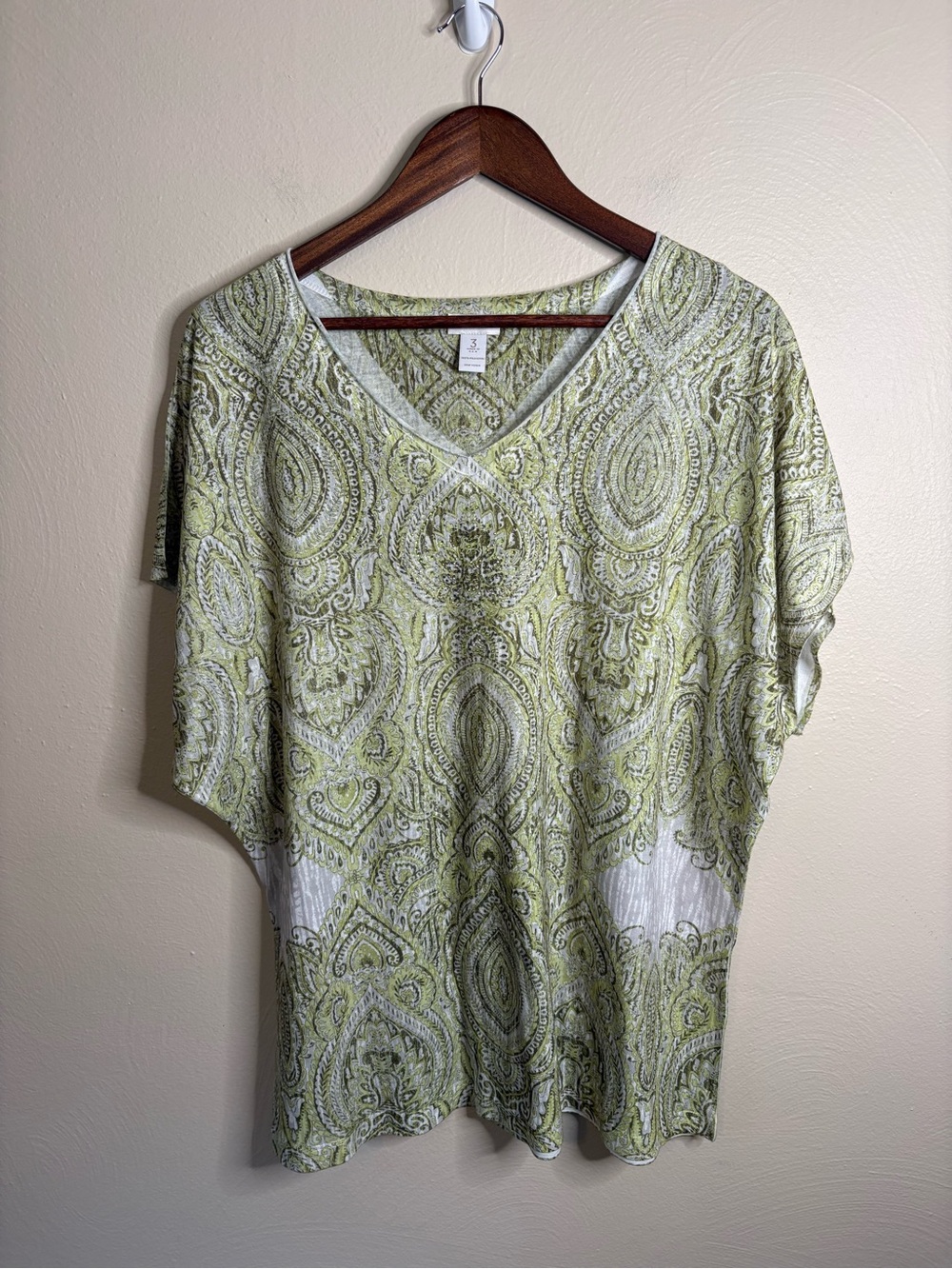 Chico's Paisley V-Neck Top Women 3 XL Green Rhinestone Embellished Boho Blouse - Picture 2 of 11